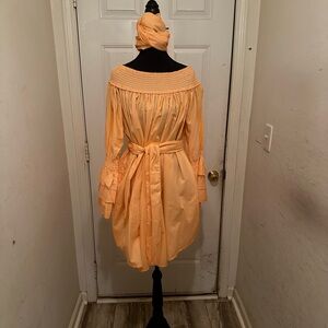 Melon/Soft Orange On/Off Shoulder Puff Sleeve Pleated Shirt; unique design!